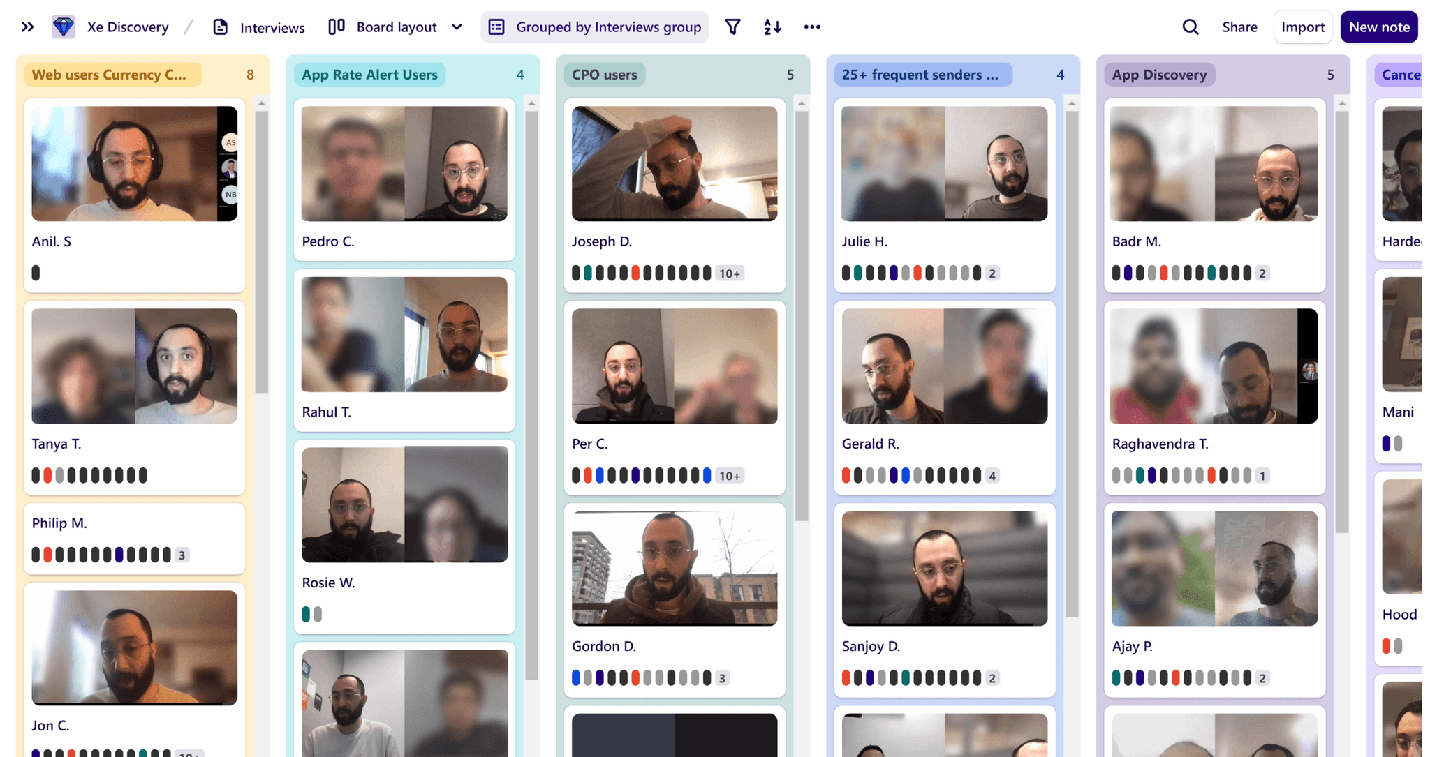 User research board showing continuous discovery process with interview groups and user insights