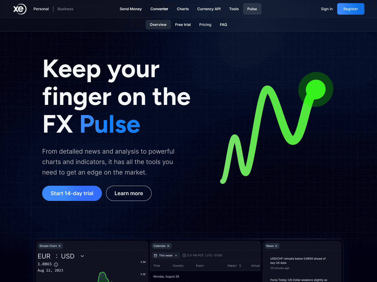 Xe Pulse landing page featuring 'Keep your finger on the FX Pulse' headline with product preview showing charts, calendar, and news widgets
