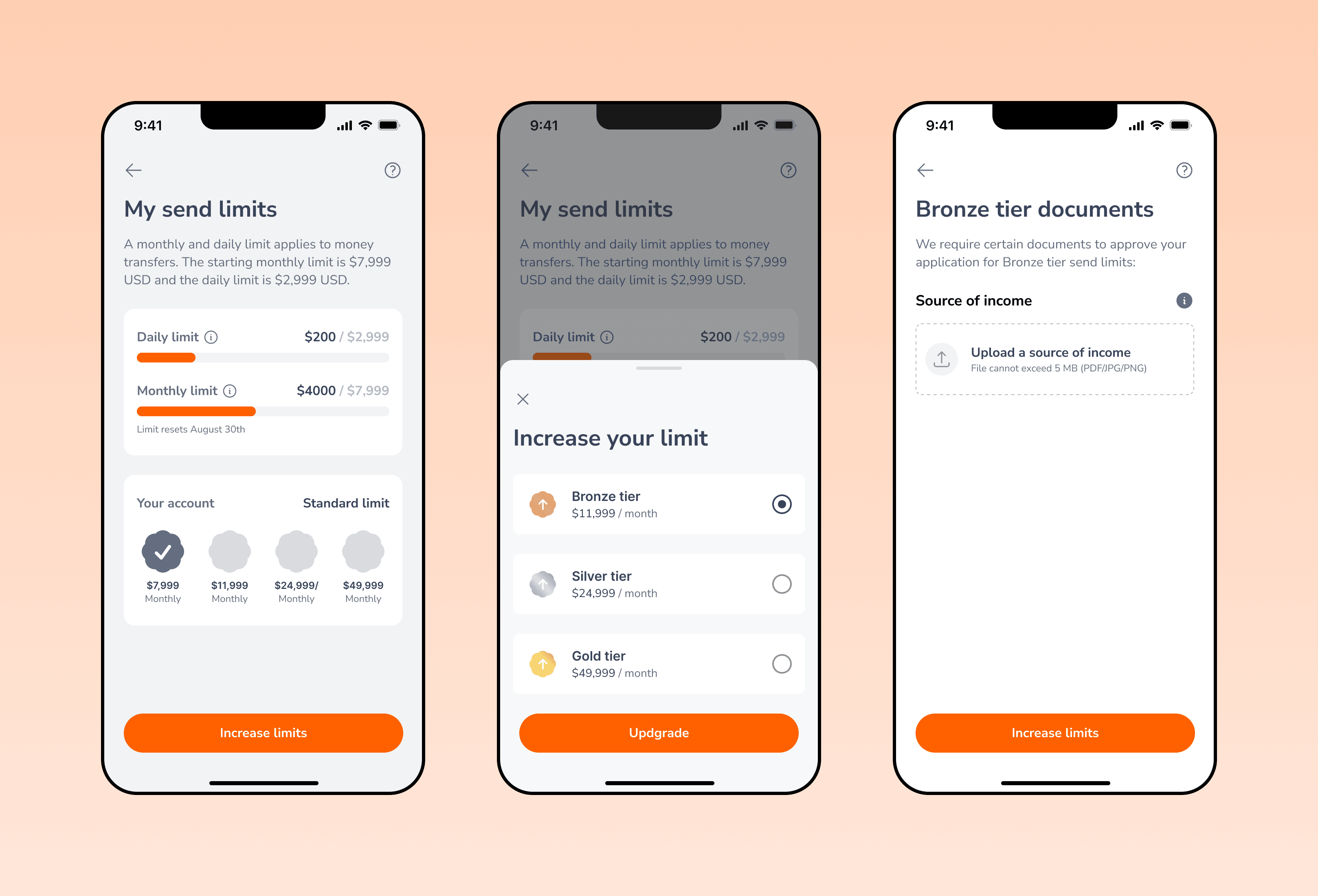 Ria send limits mobile app screens showing user flow for managing and increasing send limits